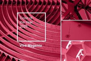 modieus kleur van jaar 2023 - viva magenta. mode kleur palet steekproef. abstract nieuw kleur swatch collage foto