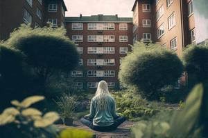 een ouderen dame mediteert in de kalmte van haar eigen tuin vroeg Aan een mooi ochtend- scherpstellen Aan haar eigen welzijn en leven langzaam foto