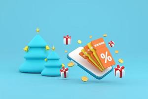 smartphone Aan korting coupon met percentage teken met munten en geschenk doos, Kerstmis boom. foto