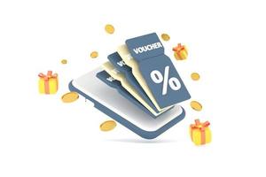 smartphone Aan korting coupon met percentage teken met munten en geschenk doos. tegoedbon kaart contant geld rug. foto