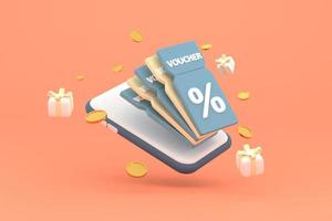 smartphone Aan korting coupon met percentage teken met munten en geschenk doos. tegoedbon kaart contant geld rug. foto