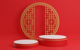 3d renderen illustratie Chinese nieuw jaar bespotten omhoog cilinder podia, Chinese festivals, leeg voetstuk sjabloon voor Product Scherm versierd, meetkundig achtergrond, schoonheidsmiddelen staan concept, abstract foto