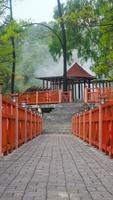 rood brug over- de heet water meer foto