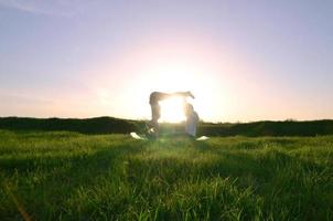 jong vent en meisje in sport- pakken praktijk yoga Aan een pittoreske groen heuvel in de Open lucht in de avond. de concept van beoefenen sport- in paren en een gezond levensstijl foto