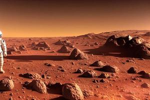 kolonie Aan Mars. twee astronauten vervelend ruimte pak wandelen Aan de oppervlakte van Mars foto