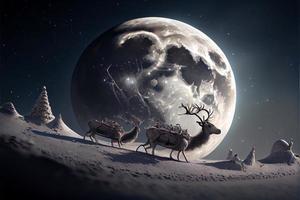 de kerstman claus rijden een hert in een slee, tekenfilm 3d vrolijk Kerstmis foto