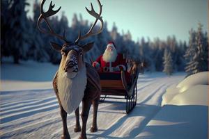 de kerstman claus rijden een hert in een slee, tekenfilm 3d vrolijk Kerstmis foto