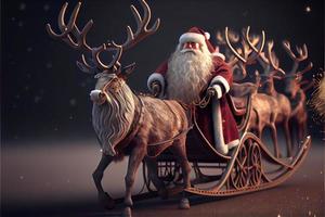 de kerstman claus rijden een hert in een slee, tekenfilm 3d vrolijk Kerstmis foto