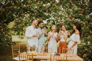 groep van gelukkig jong mensen juichen met vers limonade en aan het eten fruit in de tuin foto