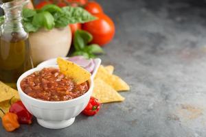 eigengemaakt pittig tomaat salsa met groenten en olijf- olie foto