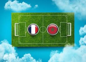 Frankrijk vs Marokko versus scherm banier voetbal concept. Amerikaans voetbal veld- stadion, 3d illustratie foto
