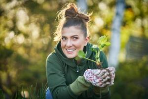 jong vrouw in de tuin werken Aan aardbei gearchiveerd foto