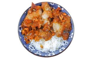 Thais voedsel gebakken varkensvlees met gesneden knoflook Aan rijst, wit achtergrond foto