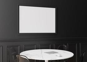 leeg afbeelding kader Aan zwart muur in modern dining kamer. bespotten omhoog interieur in klassiek stijl. vrij ruimte, kopiëren ruimte voor uw afbeelding, tekst, of een ander ontwerp. tafel, stoelen. 3d weergave. foto