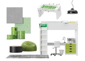 interieur ontwerp moodboard met geïsoleerd modern tiener kamer meubilair, huis accessoires, materialen. meubilair op te slaan, details. interieur project. hedendaags stijl, humeur bord, collage. 3d veroorzaken. foto