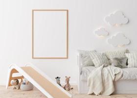 leeg verticaal afbeelding kader Aan wit muur in modern kind kamer. bespotten omhoog interieur in Scandinavisch stijl. vrij, kopiëren ruimte voor uw afbeelding. bed, schuiven, speelgoed. knus kamer voor kinderen. 3d weergave. foto