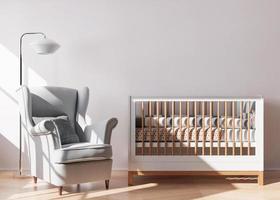 leeg wit muur in modern kind kamer. bespotten omhoog interieur in hedendaags stijl. vrij ruimte, kopiëren ruimte voor uw afbeelding, tekst, of een ander ontwerp. baby bed, fauteuil. knus kamer voor kinderen. 3d weergave. foto