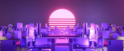 Purper neon stad met synthwave zon achtergrond foto