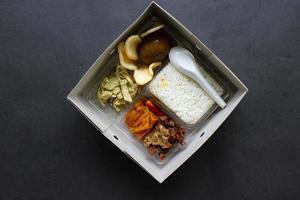 lunch dozen gudeg zijn vergelijkbaar naar bento dozen rijst- dozen, rijst, catering dozen, voedsel Diensten rijst- warm, zoet eieren, krecek, tofu, tempé, stukken van kip foto