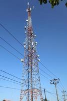 communicatie toren. telco latwerk voor 3g 4g 5g Apocalypse internet communicatie, mobiel, fm radio en televisie omroep Aan lucht met blauw lucht in achtergrond foto