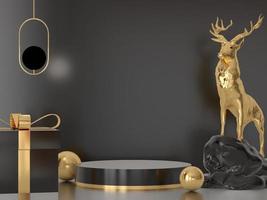 Kerstmis voetstuk podium concept. tafereel met Kerstmis voorwerp en zwart achtergrond, zwart Product Scherm, luxe 3d veroorzaken. staan voor Kerstmis geschenk, vitrine, kunstmatig, podium Product. foto