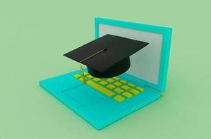 3d illustratie online diploma uitreiking pet hoed met kwast, icoon baret met laptop foto