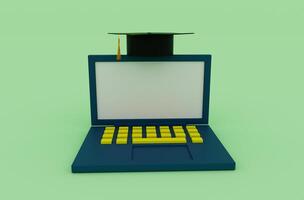 3d illustratie online diploma uitreiking pet hoed met kwast, icoon baret met laptop foto