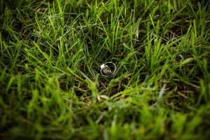 bruiloft ringen in hand. twee bruiloft ringen Aan de verdieping met contrast bruiloft ringen Aan vloer, Aan grond, Aan piano, in hand- Aan gras of een stenen, foto