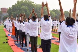 groep yoga oefening sessie voor mensen van verschillend leeftijd groepen Bij krekel stadion in Delhi Aan Internationale yoga dag, groot groep van volwassenen Bijwonen yoga sessie foto