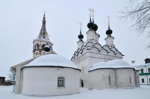 heilige antipius en heilige lazarus kerken langs de gouden ring in soezdal, Rusland in de winter. foto