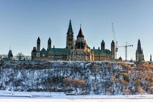parlement heuvel en de Canadees huis van parlement in Ottawa, Canada aan de overkant de bevroren Ottawa rivier- gedurende wintertijd. foto