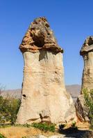 Goreme dorp, kalkoen. landelijk cappadocia landschap. steen huizen in goreme, cappadocië. platteland levensstijl. foto