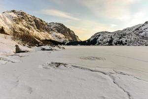 besneeuwd meer stevig in de lofoten eilanden, Noorwegen in de winter. foto