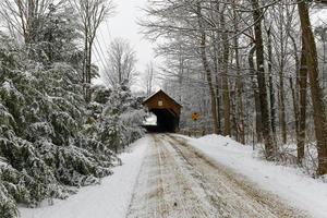 blaas me neer gedekt brug in vlak veld, nieuw hampshire gedurende de winter. foto