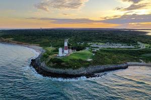 antenne visie van Montauk vuurtoren en strand in lang eiland, nieuw york, Verenigde Staten van Amerika. foto