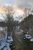 besneeuwd kusten van de wetsteen beek in west brattleboro, Vermont in de winter. foto