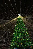 Kerstmis boom gloeit Aan de plein in de stad. avond, nacht verlichting foto