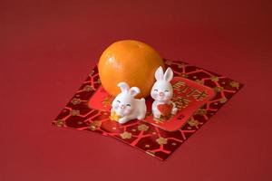 Chinese nieuw jaar van de konijn festival concept. konijn Aan rood enveloppen geïsoleerd Aan rood achtergrond. gelukkig nieuw jaar Chinese konijn 2023. Chinese tekens middelen rijk, rijk, gezond en gelukkig. foto