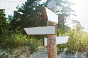 houten wegwijzer met blanco pijlen richten in verschillend routebeschrijving. foto