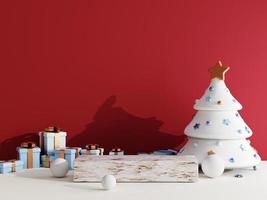 Kerstmis uitverkoop achtergrond met Kerstmis boom en stadium podium voor Product Scherm 3d renderen foto