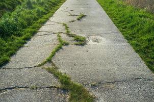 oud beton pad met scheuren en overwoekerd met gras, gebruikt voor wielersport of wandelen. foto
