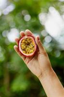 vrouw hand- Holding vers en rijp passie fruit foto