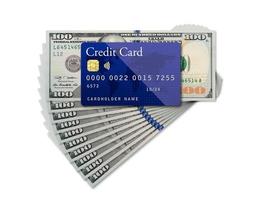 mockup blauw credit kaart resting Aan een honderd dollar rekeningen Aan wit achtergrond foto