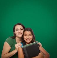 blanco krijt bord achter trots spaans moeder en dochter leerling foto