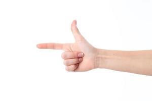 hand- gebaar met een vinger naar aangeven Rechtsaf en een ander gehesen omhoog foto