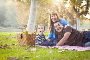 gelukkig gemengd ras etnisch familie hebben een picknick in park foto