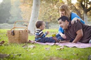 gelukkig gemengd ras etnisch familie hebben picknick in de park foto