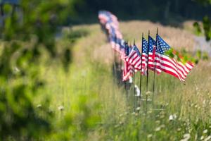 rij van Amerikaans vlaggen Aan hek foto