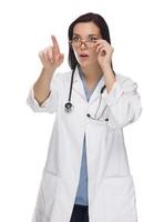 vrouw dokter of verpleegster voortvarend knop of wijzend, kopiëren kamer foto