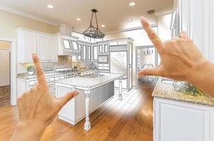 handen framing Op maat keuken ontwerp tekening en foto combinatie